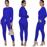 Solid Color Long Sleeve Top Ruched Pant Sports Two Piece Set TE-4073-1