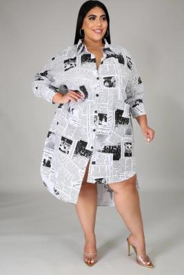EVE Plus Size 5XL Newspaper Print Irregular Shirt Dress BMF-038