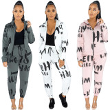 EVE Casual Letter Print Hooded Zipper Two Piece Pants Set NYF-8021