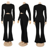 EVE Solid O Neck Long Sleeve Flared Pants 2 Piece Sets SFY-174