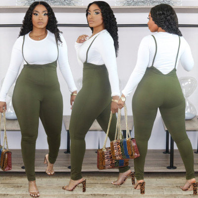EVE Plus Size Fashion Solid Color Long Sleeve Top And Suspender Jumpsuit Two Piece Set WAF-7100