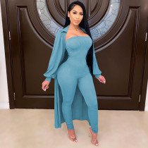EVE Plus Size Solid Long Coat+Tube Jumpsuits Two Piece Sets PIN-8508