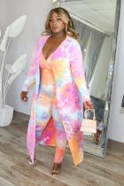 EVE Plus Size Tie Dye Strap Jumpsuits+Long Coat 2 Piece Sets BDF-8026