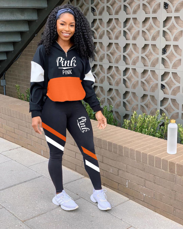 EVE Pink Letter Print Tracksuit Patchwork Two Piece Sets CQ-075