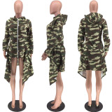 EVE Camo Print Zipper Hooded Irregular Hem Coat XMY-9220