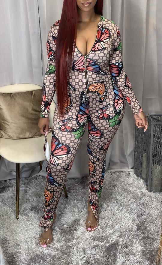 EVE Plus Size Butterfly Print Zipper Split Jumpsuits YM-9254