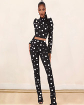 EVE Sexy Polka Dot Print Long Sleeve Trousers Two Piece Set WXF-8508