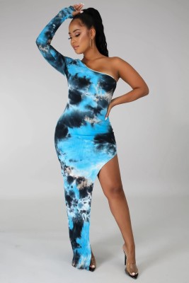 EVE Sexy Ribbed Tie Dye One Shoulder Maxi Dress MK-3032