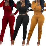 EVE Solid Long Sleeve Stacked Pants Two Piece Sets FNN-8542