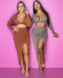 EVE Sexy V Neck Crop Top Split Skirt Two Piece Sets SXF-2971