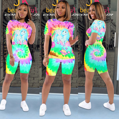 EVE Tie dye Cartoon Print T-shirt Shorts Casual Two Piece Set SXF-0523