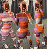 EVE Sexy Striped Rib Long Sleeve Bodycon Jumpsuit WSM-5205