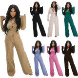 EVE Solid Rib Long Sleeve Two Piece Pants Set MYF-171