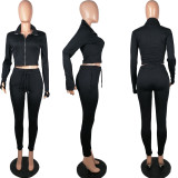 EVE Solid Long Sleeve Zipper Two Piece Pants Set MIL-183
