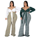 EVE Plus Size 5XL Sexy Crop Top And Sling Plaid Print Jumpsuit Two Piece Set BMF-049