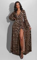 Sexy Leopard High Waist V Neck Split Maxi Dress SFY-188
