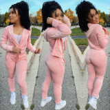 EVE Solid Hooded Zipper Long Sleeve 2 Piece Pants Set BGN-129