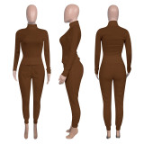 Solid Long Sleeve Rib Tops+Plush Pants Two Piece Suits NIK-191