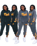 EVE Fashion Pink Letter Flame Print Sports Casual Hooded Sweatshirts Suit ANNF-6012