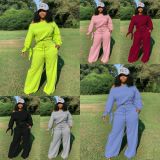 EVE Plus Size Casual Knotted Long Sleeve Top And Wide Leg Pants Two Piece Set OLYF-6021