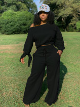Plus Size Casual Knotted Long Sleeve Top And Wide Leg Pants Two Piece Set OLYF-6021
