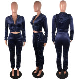 EVE Solid Velvet Hooded Long Sleeve Stacked Pants 2 Piece Sets LX-6140
