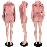 EVE Cute Plush Hooded Long Sleeve Two Piece Shorts Set ASL-6312