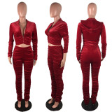 EVE Solid Velvet Hooded Long Sleeve Stacked Pants 2 Piece Sets LX-6140