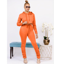 Solid Hoodies Stacked Pants Two Piece Sets HM-6358