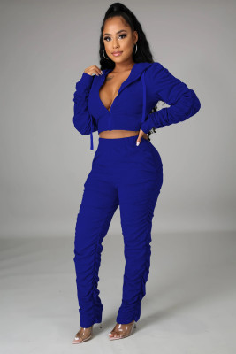 EVE Plus Size Solid Color Ruched Short Hoodie And Pants Two Piece Set CQ-089