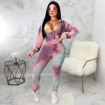 EVE Tie Dye V Neck Hooded Long Sleeve 2 Piece Suits SMR-9811