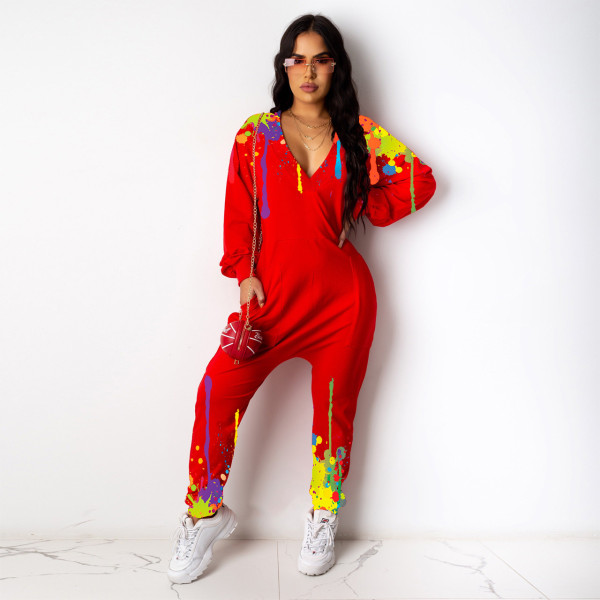 EVE Fashion Casual Splash Ink Print V Neck Long Sleeve Jumpsuit YSYF-7265