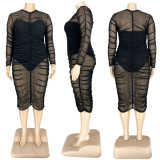 EVE Plus Size 5XL Sexy Nightclub Mesh Ruched Midi Dress ASL-7001