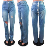 Plus Size Denim Ripped Hole Lace Up Jeans Pants LX-5516