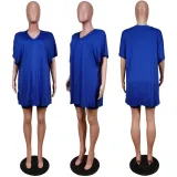 EVE Plus Size Solid V Neck Split Tops Shorts Two Piece Sets WY-6678