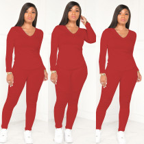EVE Casual Solid V Neck Long Sleeve Two Piece Pants Set WY-6711