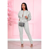 EVE Casual Solid Lace Up Sweatshirt Two Piece Pants Set RM-6315