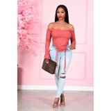 EVE Sexy Solid Slash Neck Lace Up Long Sleeve Crop Tops YM-9263