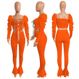 EVE Casual Lace Up Puff Sleeve Flared Pants 2 Piece Sets NIK-195