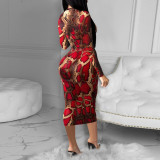 EVE Snake Skin Print Full Sleeve Slim Long Dress FENF-058