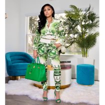 EVE Green Printed Zipper And Pants Two Piece Set APLF-1101