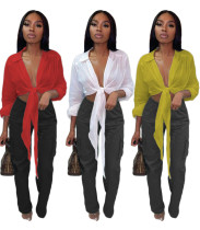 EVE Sexy Solid Tie Up Long Sleeve Blouse Tops DAI-8302