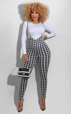 EVE Houndstooth Plaid Long Sleeve Suspenders Pants 2 Piece Sets SFY-203