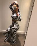 EVE Sexy Striped V Neck Crop Top Pants Two Piece Sets OMY-8098