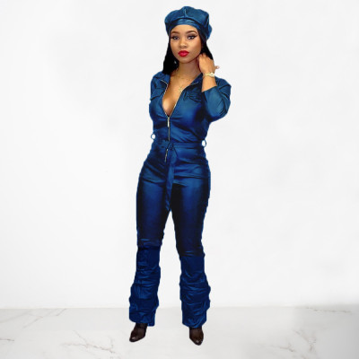EVE Sexy Zipper Ruched Faux Leather Jumpsuit (With Adjustable Belt) OMY-8006