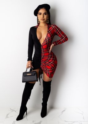 EVE Sexy Plaid Patchwork Patchwork Ruched Mini Dress OD-8409