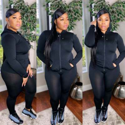 Plus Size 5XL Solid Hooded Zipper 2 Piece Sets OSIF-20955