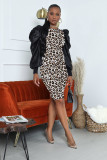 EVE Sexy Leopard Puff Sleeve Slim Knee Length Dress WY-6680