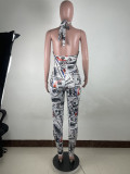 EVE Sexy Dollar Print Halter Bodysuit+Pants 2 Piece Sets DAI-8312