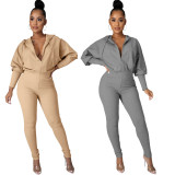 EVE Solid Hooded Zipper Long Sleeve Jumpsuit OMY-8105